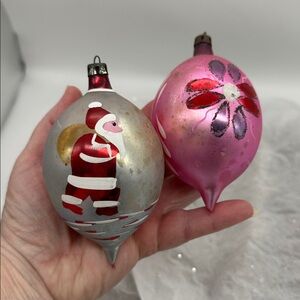 Vintage Poland Mercury Glass Santa & Pink Flower Rare TearDrop Ornaments Lot 2